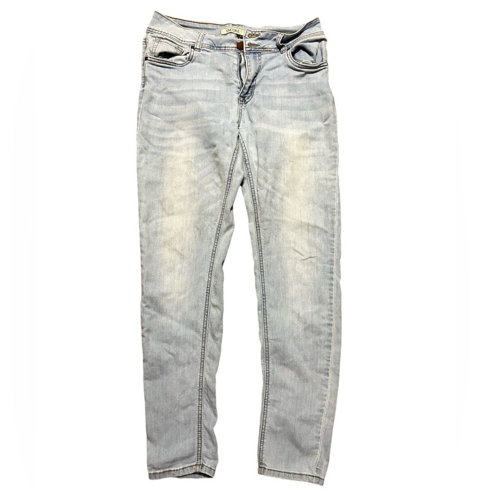 Grey and white straight leg jeans with a relaxed fit